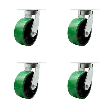 Service Caster 8'' Heavy Duty Green Poly on Cast Iron Swivel Caster Set with 2 Swivel Locks, 4PK CRAN-SCC-KP92S830-PUR-GB-BSL-2-S-2